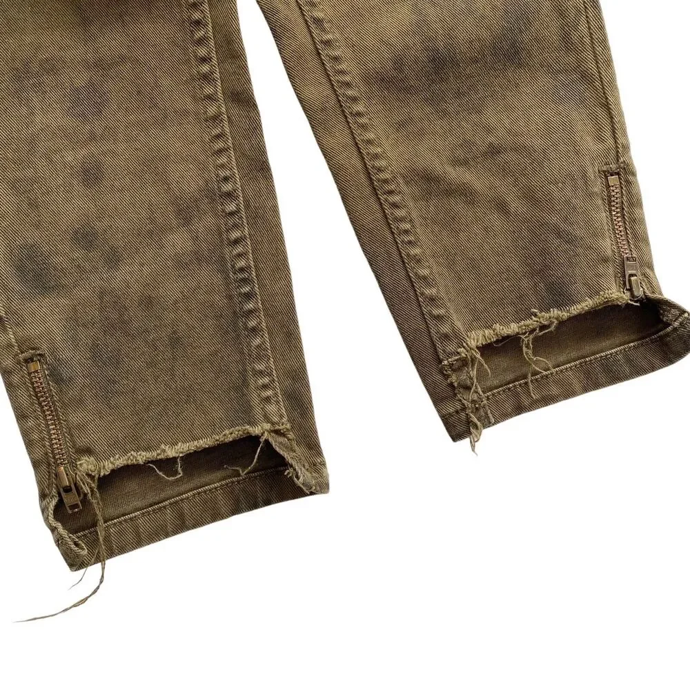 ZARA Basic Z1975 Denim Size 2 Mid Rise Skinny Uneven Hem Olive Jeans Dark Marks